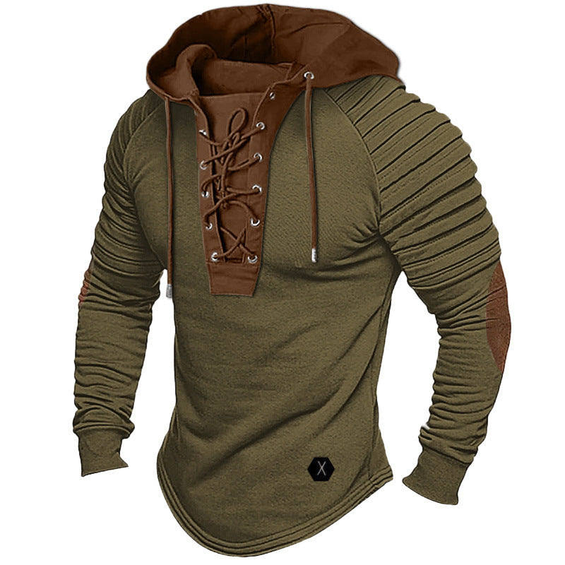 Cross-border source solid color hoodie men's T-shirt top pleated hooded street long sleeve lace-up stitching basic