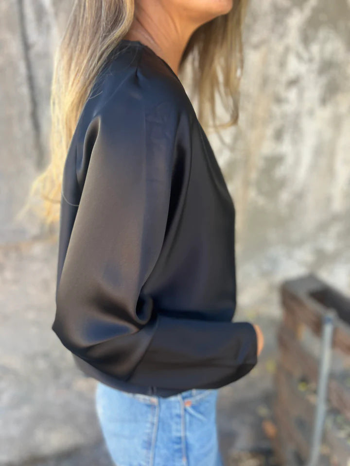 2025 Cross-Border Foreign Trade Women's Clothing Amazon Autumn and Winter Solid Color V-Neck Loose Long-Sleeved Satin Shirt for Women European and American Style