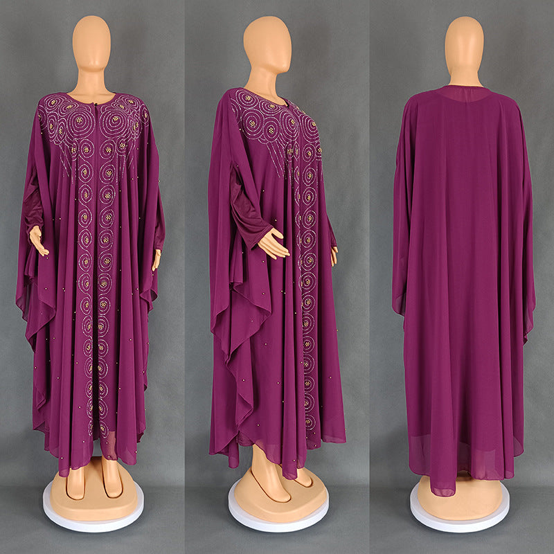 African Plus-Size Ethnic Style Long Robe, European and American Cross-Border Women's Clothing, Chiffon Rhinestone Long Dress 8943