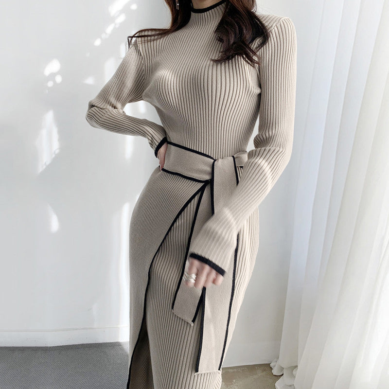 Cross-Border 2025 New Autum Style Feminine Woolen Bottoming Waist Slimming Look Half Turtleneck Knitted Sweater Dress