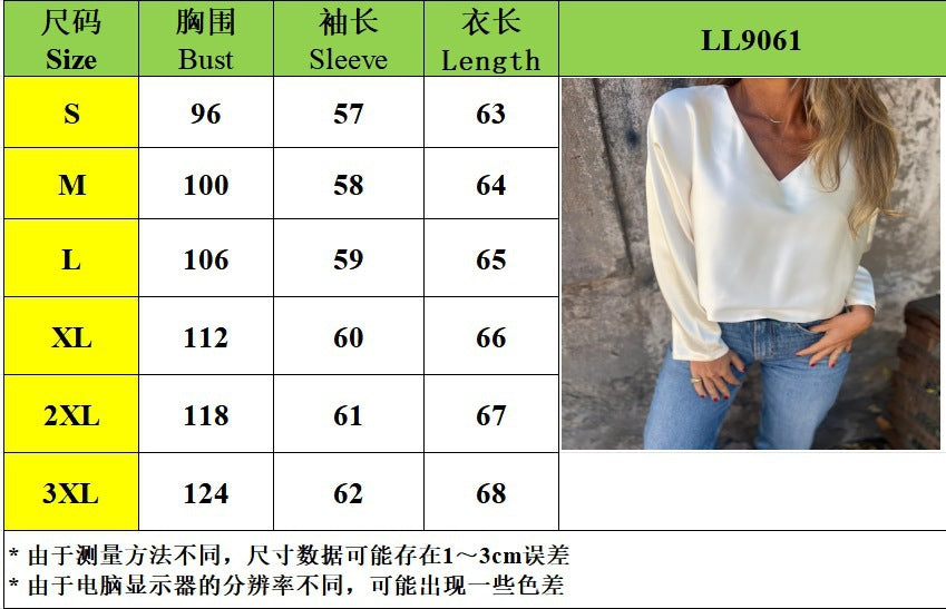 2025 Cross-Border Foreign Trade Women's Clothing Amazon Autumn and Winter Solid Color V-Neck Loose Long-Sleeved Satin Shirt for Women European and American Style