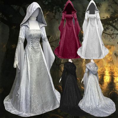 Cross-Border 2022 Women's Cos Clothing Medieval Retro Style Wedding Dress 4-Color Hooded Waist Dress Cosplay