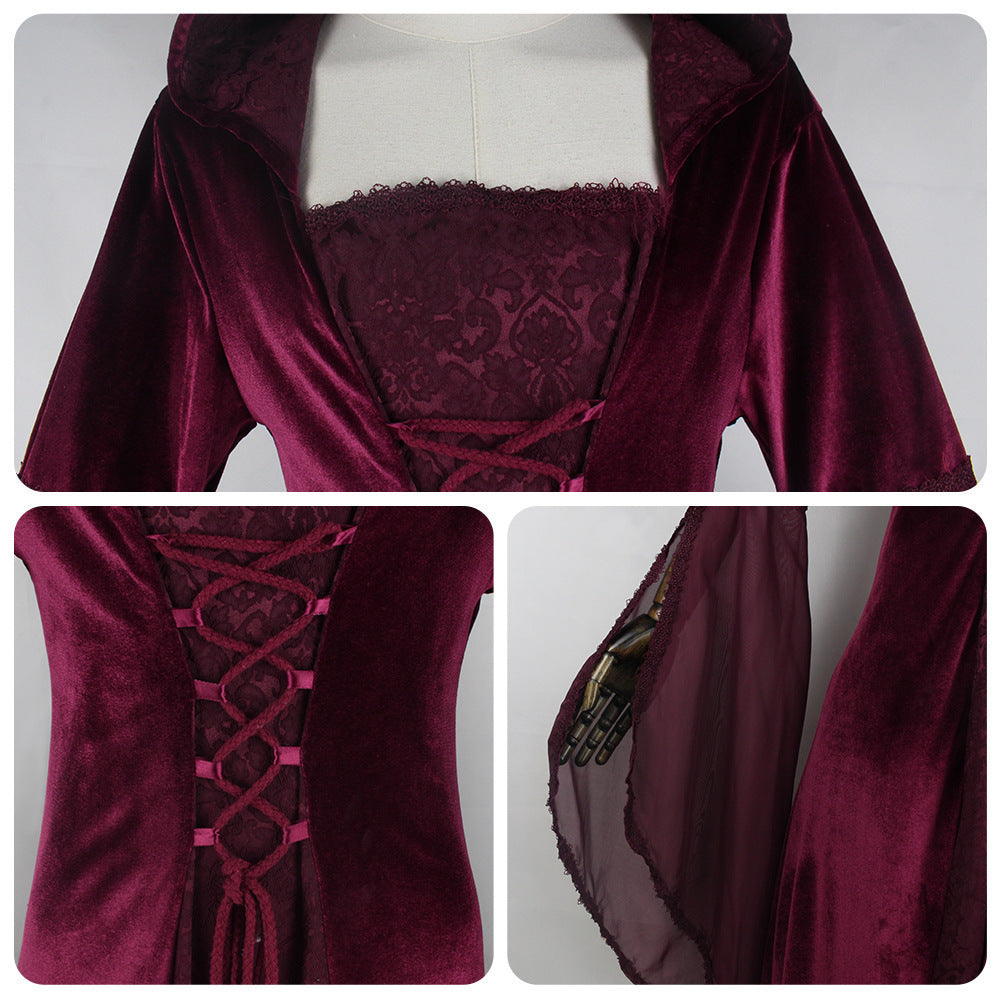 Cross-Border 2022 Women's Cos Clothing Medieval Retro Style Wedding Dress 4-Color Hooded Waist Dress Cosplay