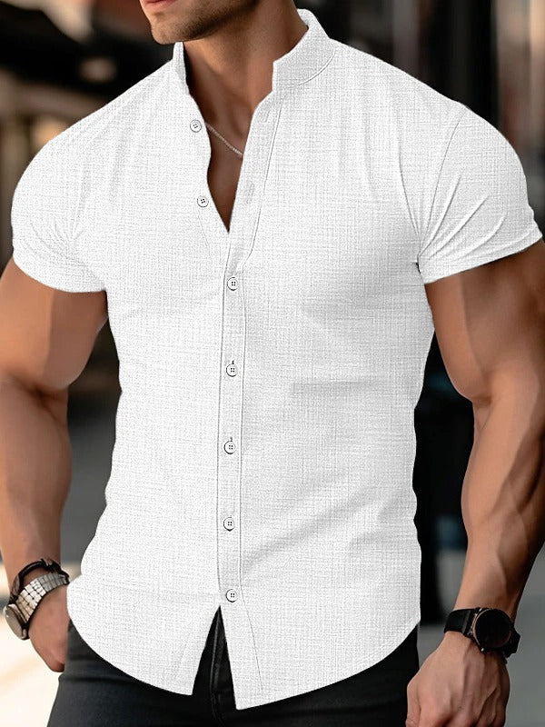 Cross-Border Trade Men's Loose-Fitting Cotton and Linen Thin Breathable Stand-Up Collar Solid Color Muscle Short-Sleeve Bob Marley Shirt