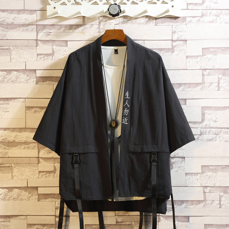 2022 Summer New Men's Chinese Style Short-sleeved Taoist Robe Japanese Style Loose Seven-sleeved Men's Kimono Shirt Jacket