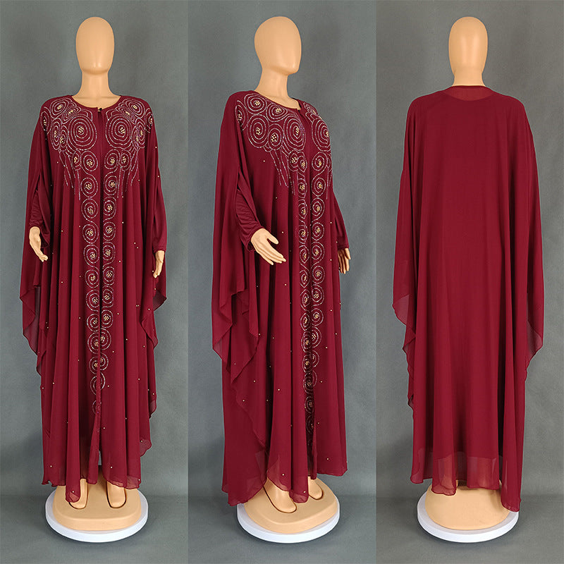 African Plus-Size Ethnic Style Long Robe, European and American Cross-Border Women's Clothing, Chiffon Rhinestone Long Dress 8943