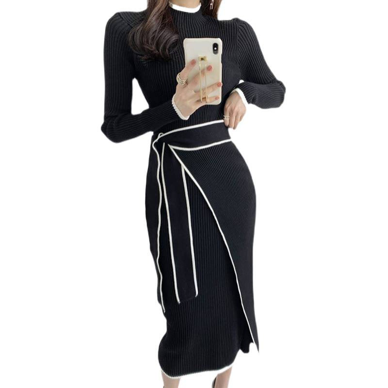 Cross-Border 2025 New Autum Style Feminine Woolen Bottoming Waist Slimming Look Half Turtleneck Knitted Sweater Dress