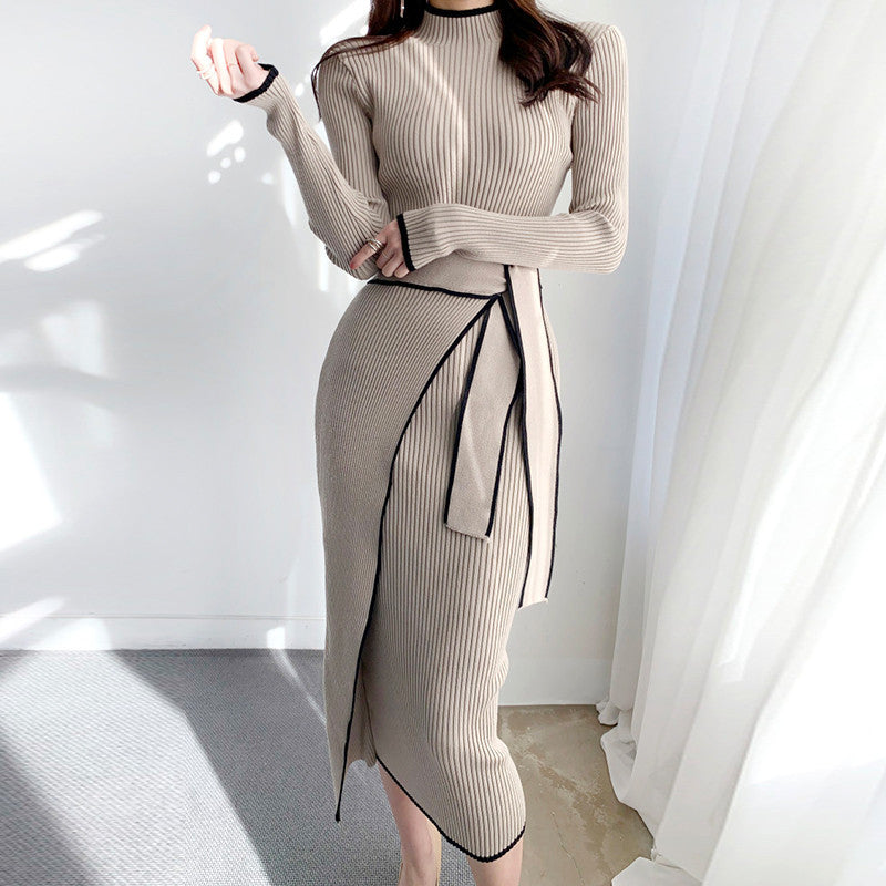 Cross-Border 2025 New Autum Style Feminine Woolen Bottoming Waist Slimming Look Half Turtleneck Knitted Sweater Dress
