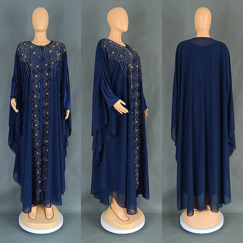 African Plus-Size Ethnic Style Long Robe, European and American Cross-Border Women's Clothing, Chiffon Rhinestone Long Dress 8943