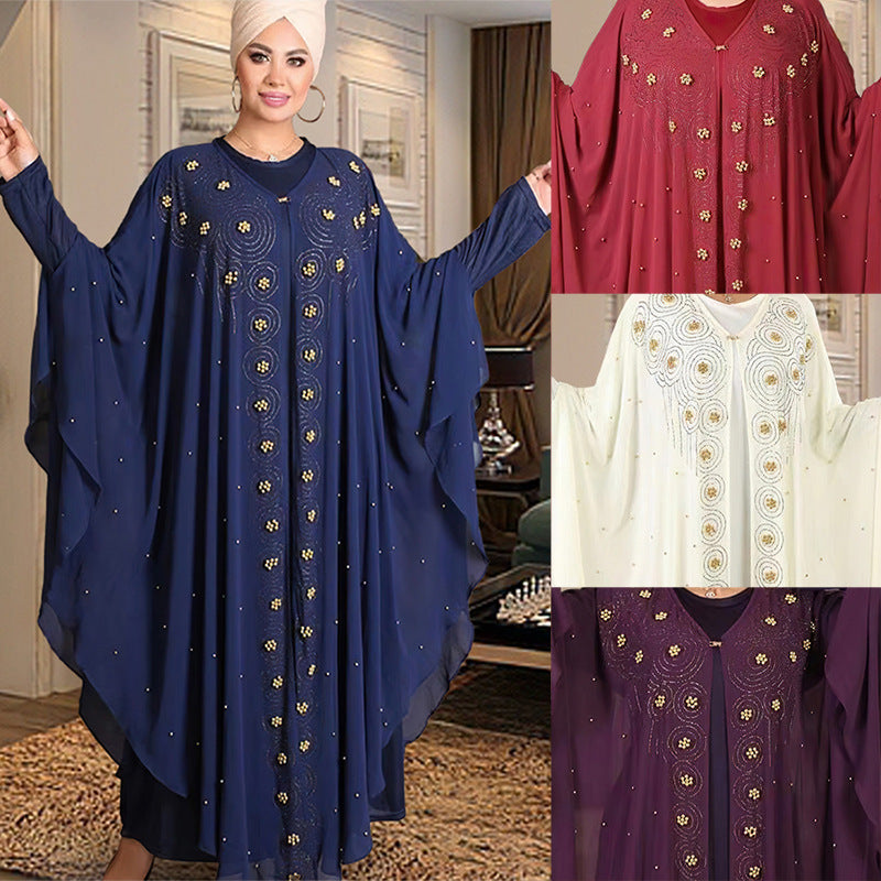 African Plus-Size Ethnic Style Long Robe, European and American Cross-Border Women's Clothing, Chiffon Rhinestone Long Dress 8943