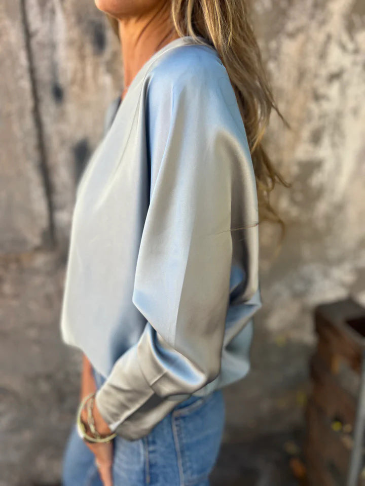 2025 Cross-Border Foreign Trade Women's Clothing Amazon Autumn and Winter Solid Color V-Neck Loose Long-Sleeved Satin Shirt for Women European and American Style