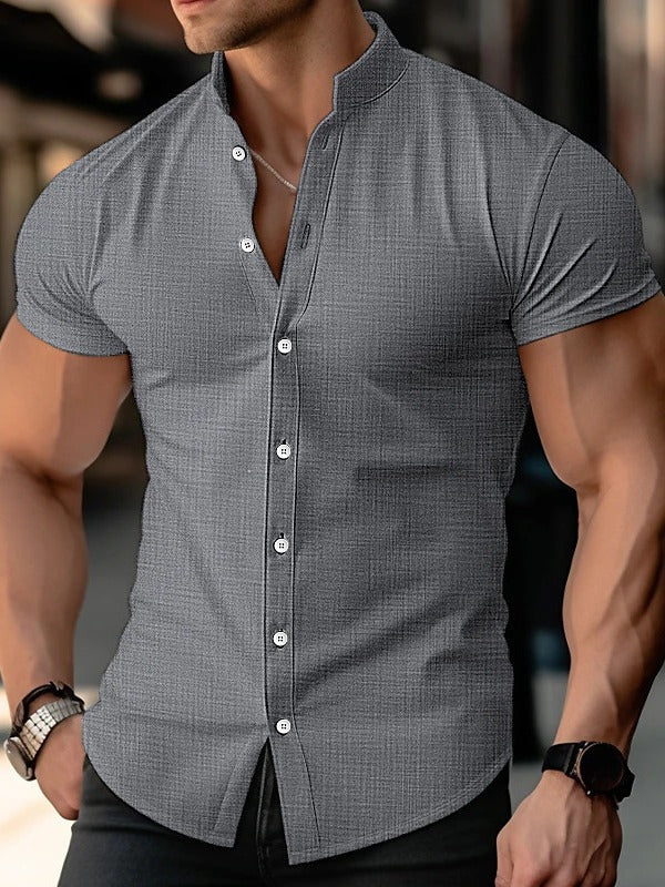 Cross-Border Trade Men's Loose-Fitting Cotton and Linen Thin Breathable Stand-Up Collar Solid Color Muscle Short-Sleeve Bob Marley Shirt