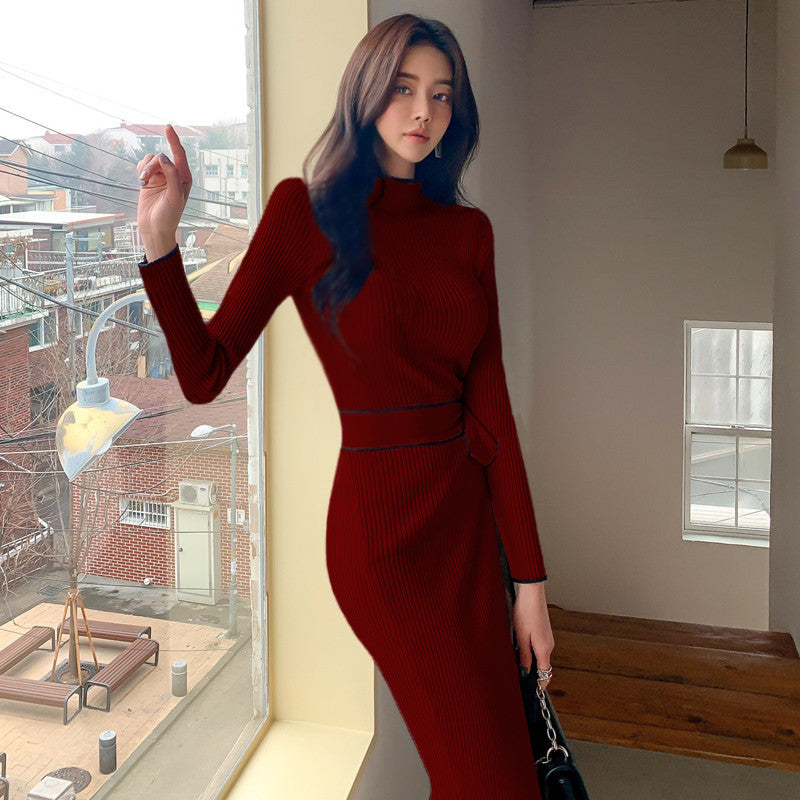 Cross-Border 2025 New Autum Style Feminine Woolen Bottoming Waist Slimming Look Half Turtleneck Knitted Sweater Dress