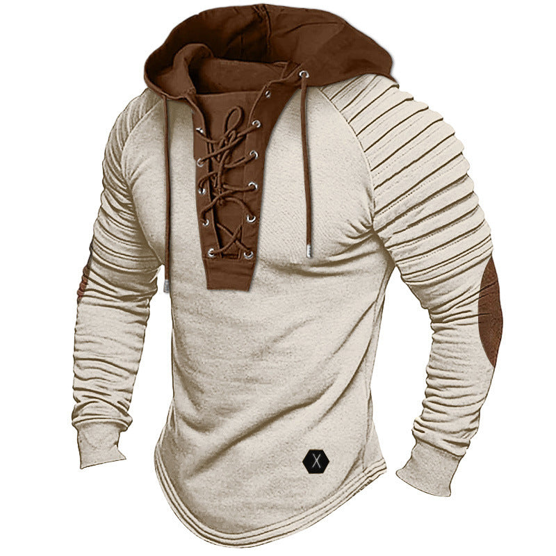 Cross-border source solid color hoodie men's T-shirt top pleated hooded street long sleeve lace-up stitching basic