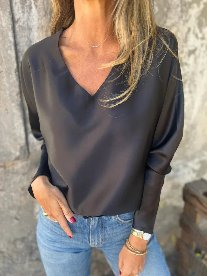 2025 European American Women's Clothing Autumn and Winter New Solid Color Women's Loose Collar Long Sleeve Satin Shirt