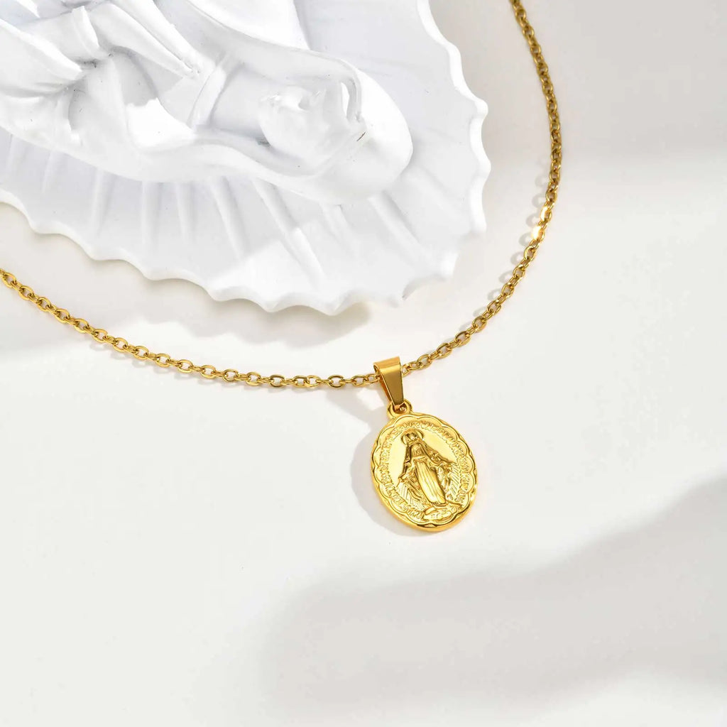 18K Gold Plated Virgin Mary Pendant Necklace For Women Stainless Steel Chain Choker Necklaces Religious Pray Jewelry Gift