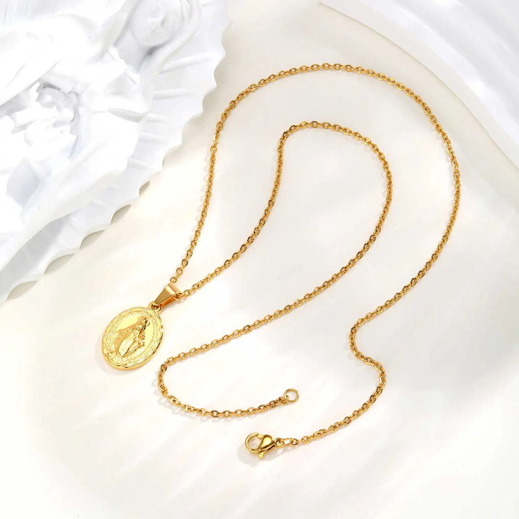 18K Gold Plated Virgin Mary Pendant Necklace For Women Stainless Steel Chain Choker Necklaces Religious Pray Jewelry Gift