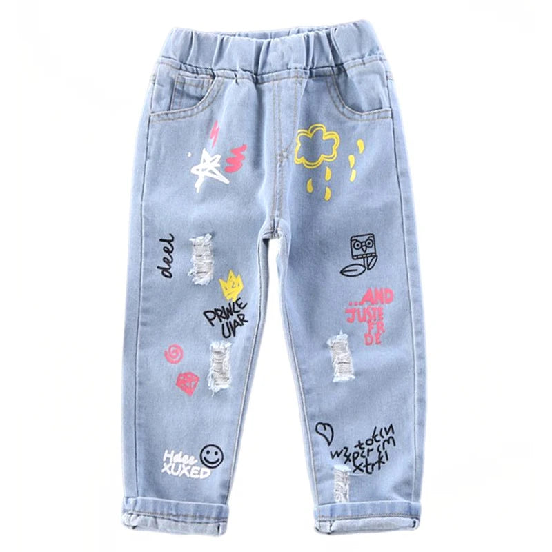 Children Jeans  Boys Cotton Print Splice Stretch Denim Pants Korean Teenage Trousers Wear Kids ClothingDenimRipped Spring Autum