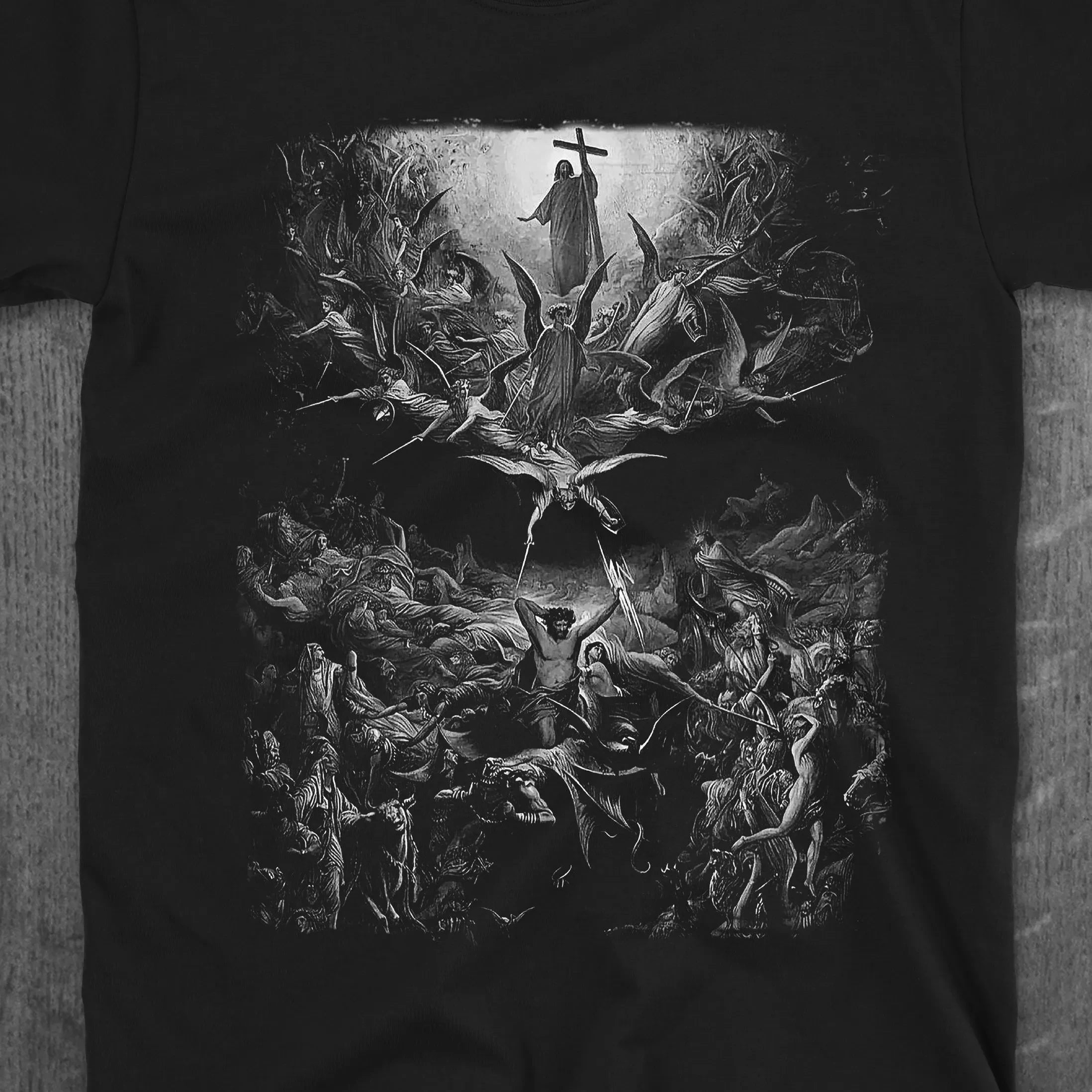 Best Selling Fashion New Christian Triumph T-Shirt | Gustave Doré Religious Art Tee | Gothic Angels Vs Pagan Gods Shirt Men Tee