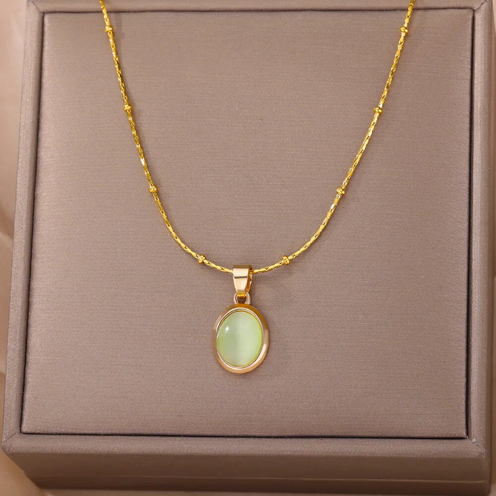Fashion Stone Opal Oval Necklace For Women Stainless Steel Gold Color Oval Stone Pendant Necklace Wedding Aesthetic Jewelry Gift
