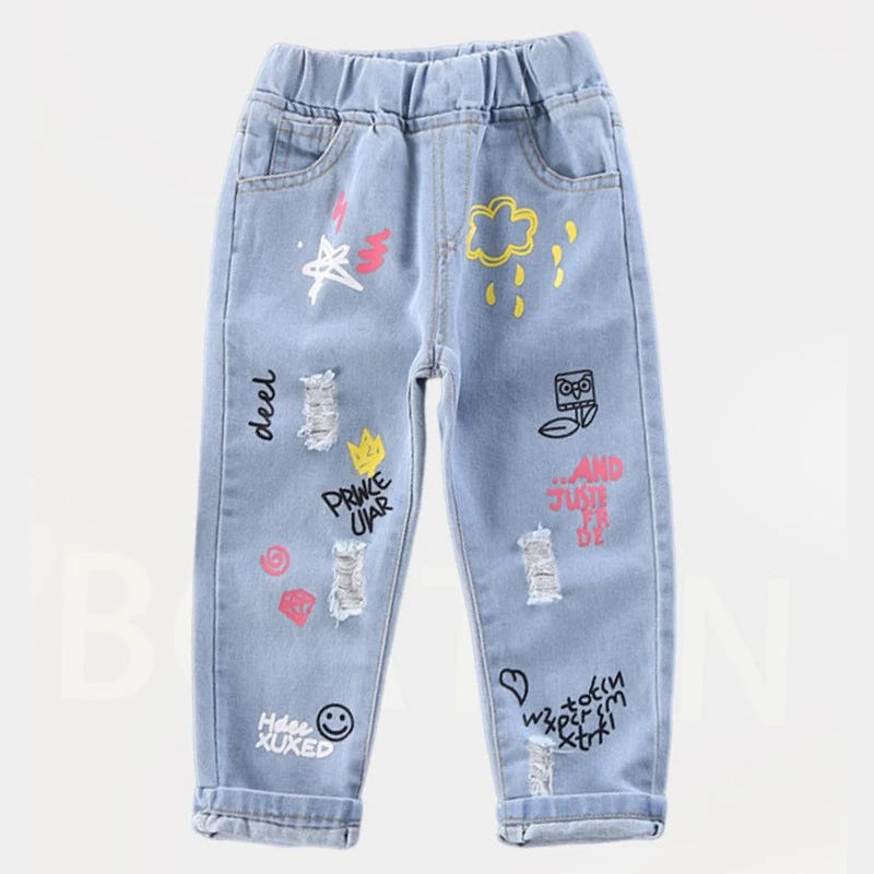 Children Jeans  Boys Cotton Print Splice Stretch Denim Pants Korean Teenage Trousers Wear Kids ClothingDenimRipped Spring Autum