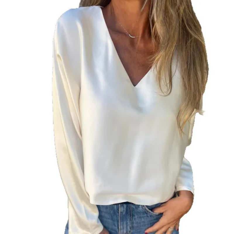 2025 European American Women's Clothing Autumn and Winter New Solid Color Women's Loose Collar Long Sleeve Satin Shirt