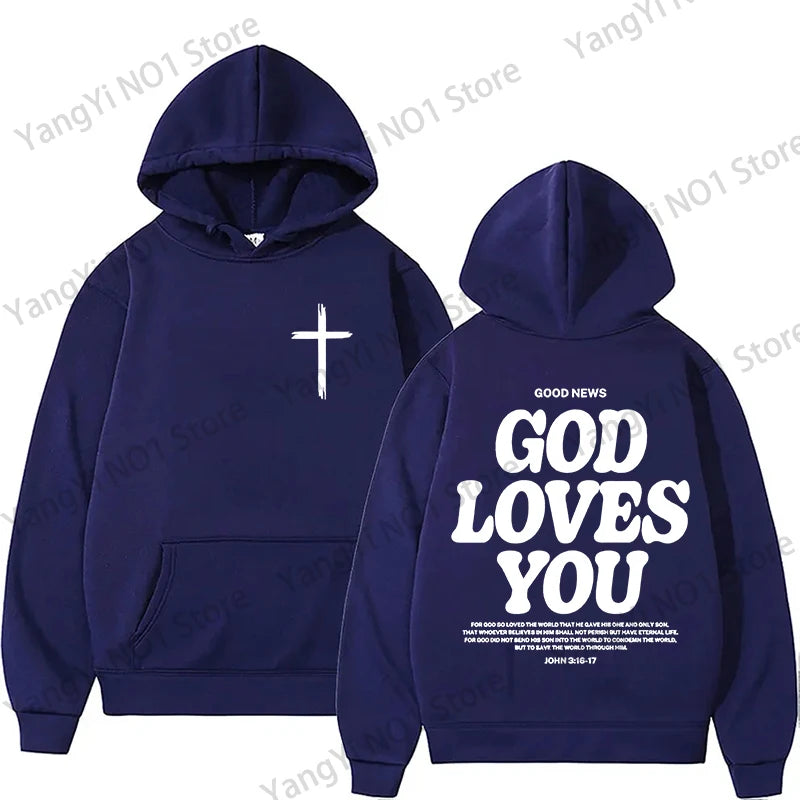 Christian Jesus Church Hoodie Bible Verse God Loves You Hooded Men Women Vintage Sweatshirts Streetwear Y2K Harajuku Aesthetic