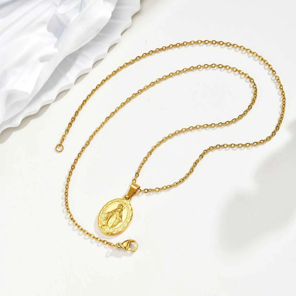 18K Gold Plated Virgin Mary Pendant Necklace For Women Stainless Steel Chain Choker Necklaces Religious Pray Jewelry Gift