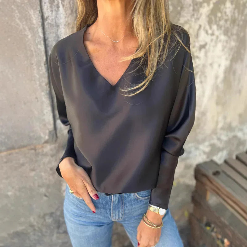 2025 European American Women's Clothing Autumn and Winter New Solid Color Women's Loose Collar Long Sleeve Satin Shirt