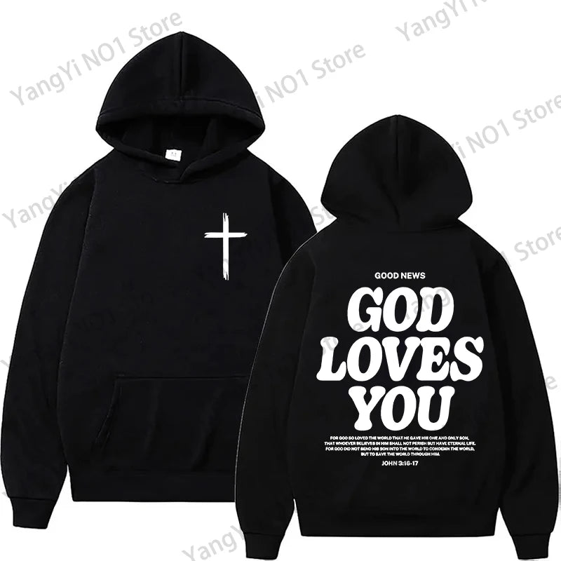 Christian Jesus Church Hoodie Bible Verse God Loves You Hooded Men Women Vintage Sweatshirts Streetwear Y2K Harajuku Aesthetic