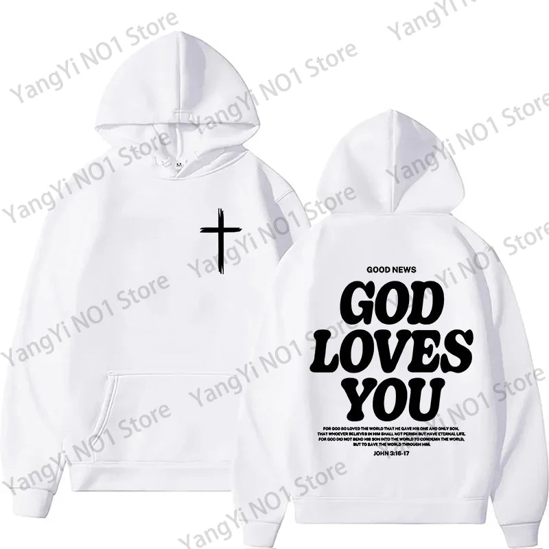 Christian Jesus Church Hoodie Bible Verse God Loves You Hooded Men Women Vintage Sweatshirts Streetwear Y2K Harajuku Aesthetic