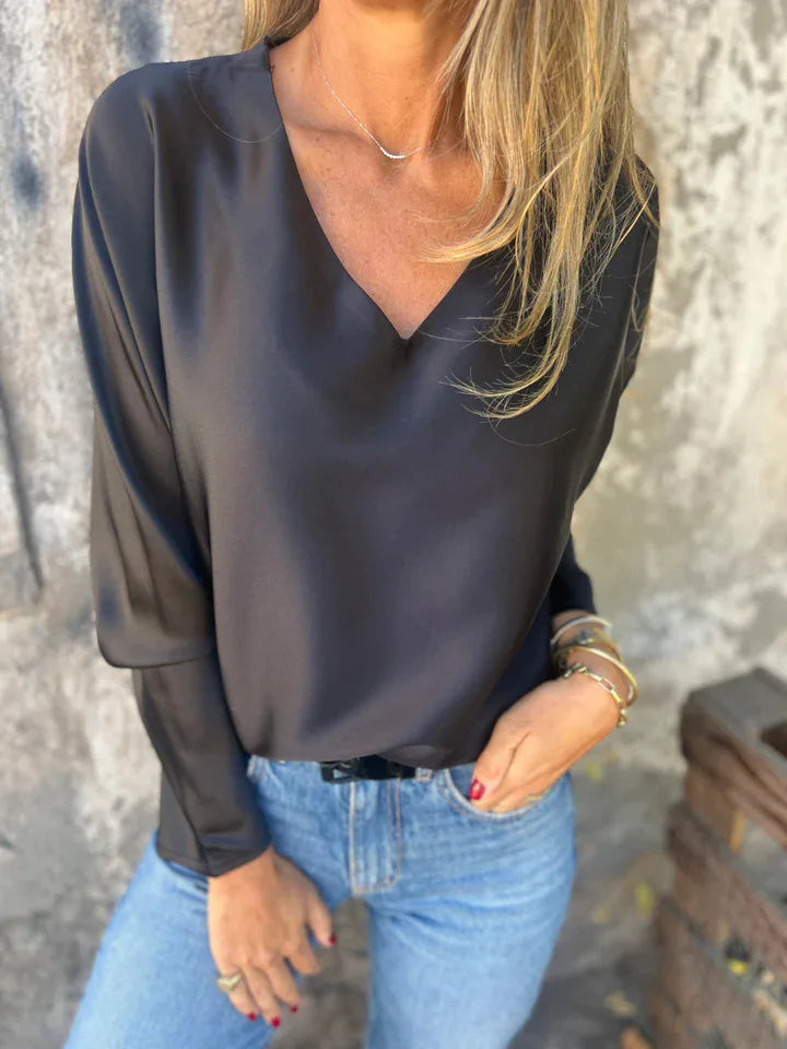 2025 European American Women's Clothing Autumn and Winter New Solid Color Women's Loose Collar Long Sleeve Satin Shirt