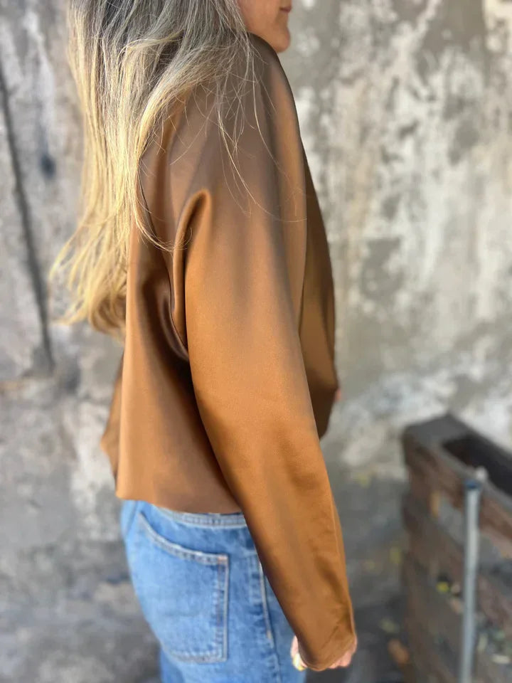 2025 European American Women's Clothing Autumn and Winter New Solid Color Women's Loose Collar Long Sleeve Satin Shirt